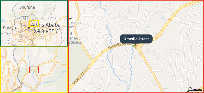 Map showing the address of Omedla Street in three different zoom levels.