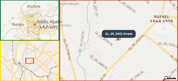 Map showing the address of GL_09_2043 Street in three different zoom levels.