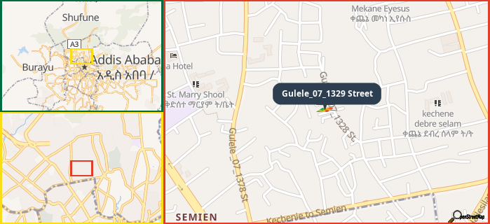 Map showing the address of Gulele_07_1329 Street in three different zoom levels.