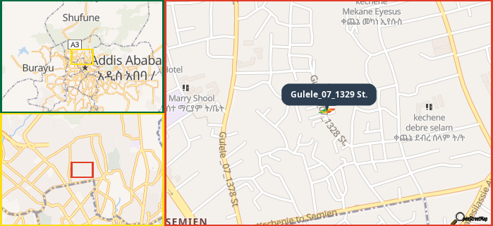 Map showing the address of Gulele_07_1329 St. in three different zoom levels.