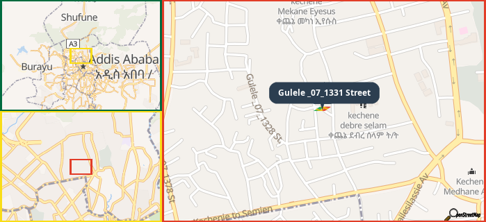 Map showing the address of Gulele _07_1331 Street in three different zoom levels.