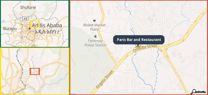 Map showing the address of Paris Bar and Restaurant in three different zoom levels.