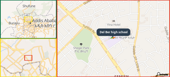 Map showing the address of Del Ber high school in three different zoom levels.