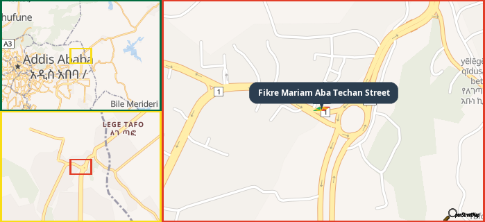 Map showing the address of Fikre Mariam Aba Techan Street in three different zoom levels.