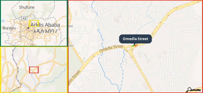 Map showing the address of Omedla Street in three different zoom levels.