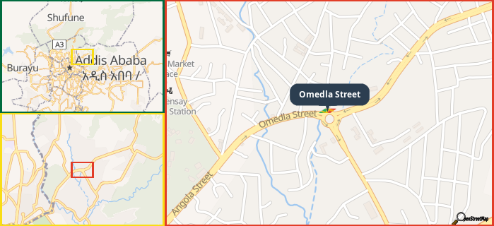 Map showing the address of Omedla Street in three different zoom levels.