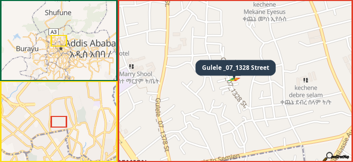 Map showing the address of Gulele _07_1328 Street in three different zoom levels.