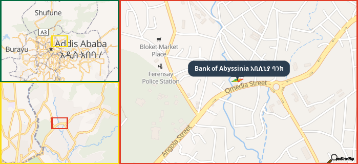 Map showing the address of Bank of Abyssinia አቢሲኒያ ባንክ in three different zoom levels.