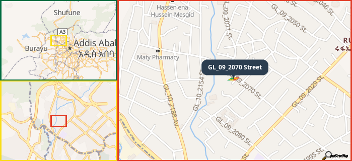 Map showing the address of GL_09_2070 Street in three different zoom levels.