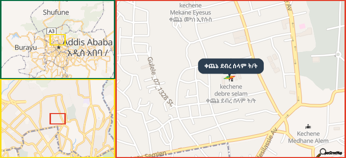 Map showing the address of ቀጨኔ ደብረ ሰላም ት/ት in three different zoom levels.