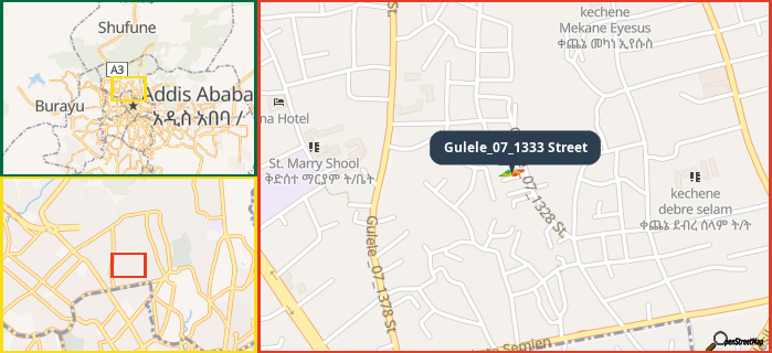Map showing the address of Gulele_07_1333 Street in three different zoom levels.