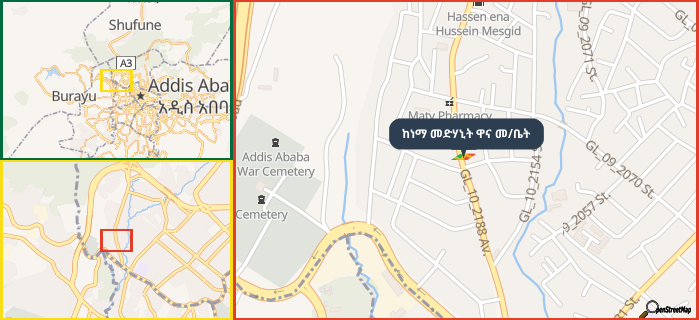 Map showing the address of ከነማ መድሃኒት ዋና መ/ቤት in three different zoom levels.