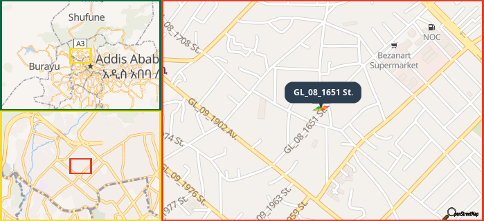 Map showing the address of GL_08_1651 St. in three different zoom levels.