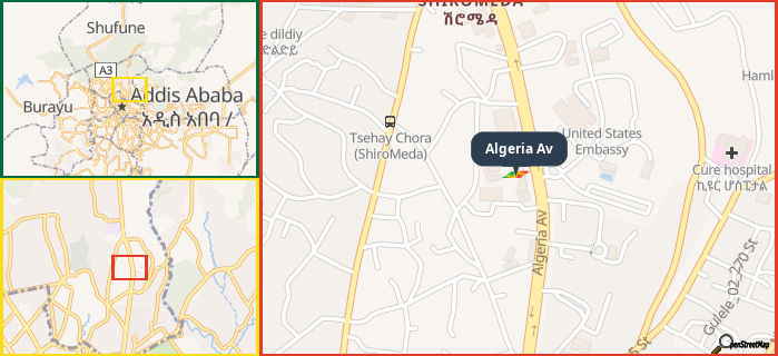 Map showing the address of Algeria Av in three different zoom levels.