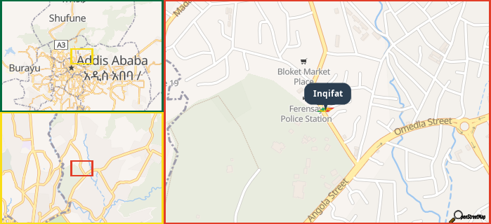 Map showing the address of Inqifat in three different zoom levels.