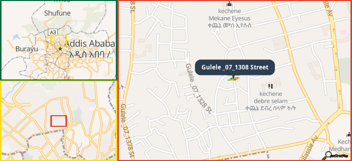 Map showing the address of Gulele _07_1308 Street in three different zoom levels.