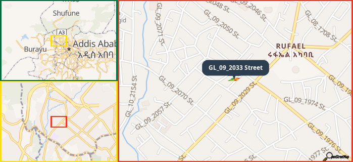 Map showing the address of GL_09_2033 Street in three different zoom levels.