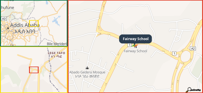 Map showing the address of Fairway School in three different zoom levels.