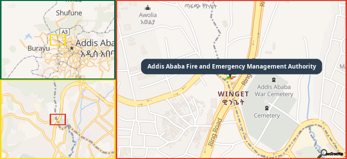 Map showing the address of Addis Ababa Fire and Emergency Management Authority in three different zoom levels.