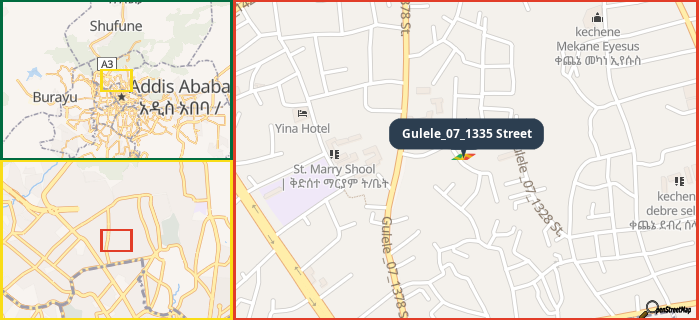 Map showing the address of Gulele_07_1335 Street in three different zoom levels.