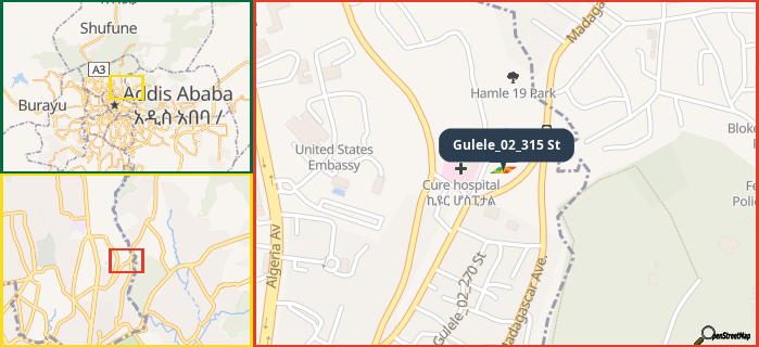 Map showing the address of Gulele_02_315 St in three different zoom levels.