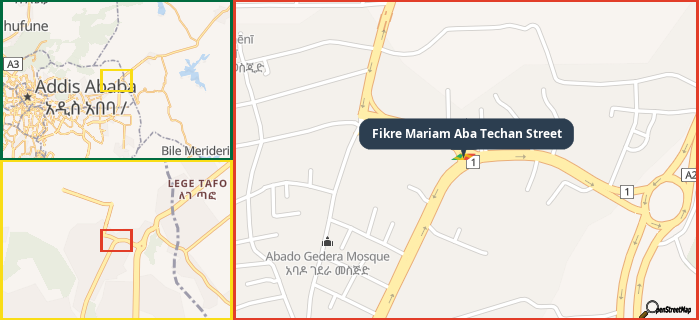 Map showing the address of Fikre Mariam Aba Techan Street in three different zoom levels.
