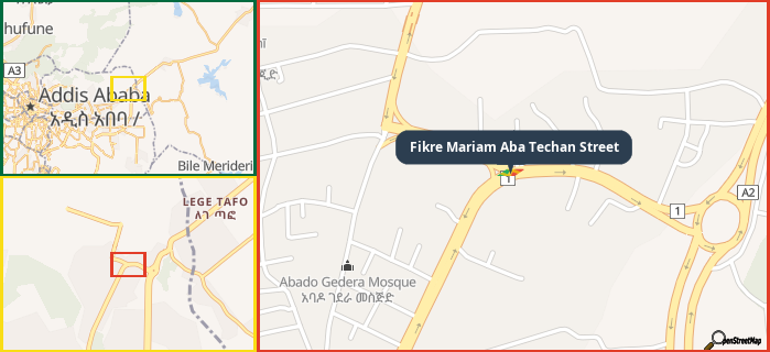 Map showing the address of Fikre Mariam Aba Techan Street in three different zoom levels.