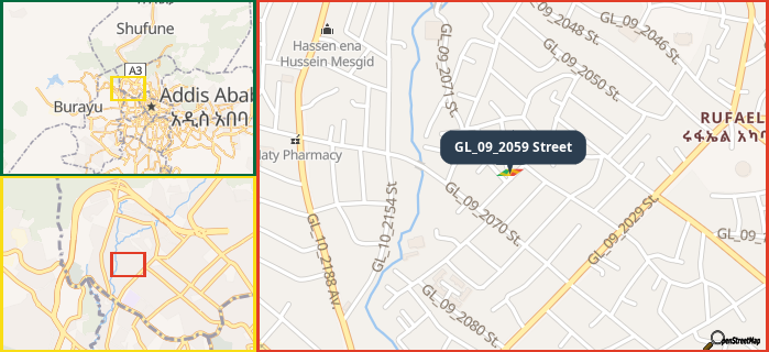 Map showing the address of GL_09_2059 Street in three different zoom levels.