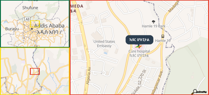 Map showing the address of ኪዩር ሆስፒታል in three different zoom levels.