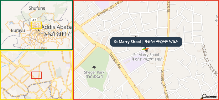 Map showing the address of St Marry Shool | ቅድሰተ ማርያም ት/ቤት in three different zoom levels.