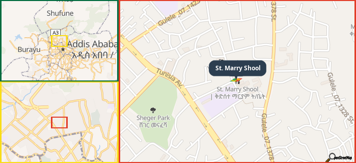 Map showing the address of St. Marry Shool in three different zoom levels.