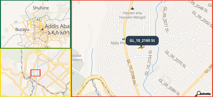 Map showing the address of GL_10_2160 St in three different zoom levels.