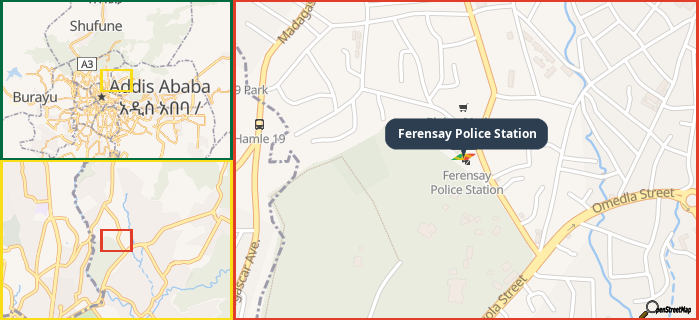 Map showing the address of Ferensay Police Station in three different zoom levels.