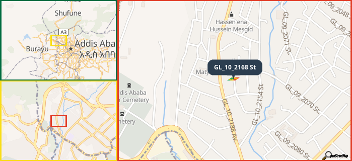 Map showing the address of GL_10_2168 St in three different zoom levels.