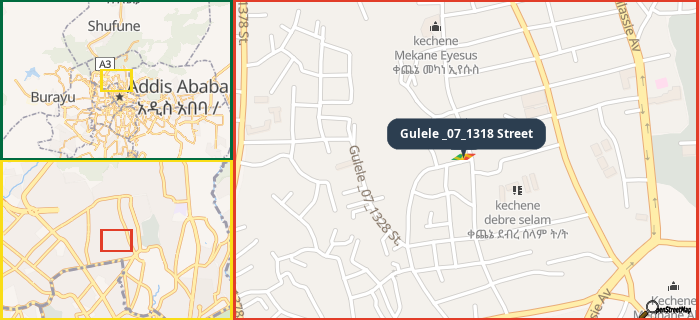 Map showing the address of Gulele _07_1318 Street in three different zoom levels.