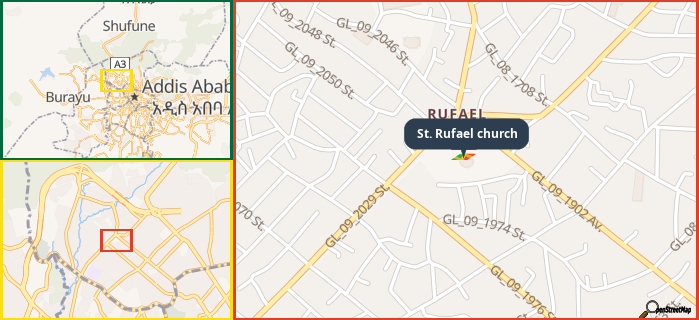 Map showing the address of St. Rufael church in three different zoom levels.