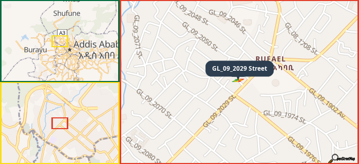 Map showing the address of GL_09_2029 Street in three different zoom levels.