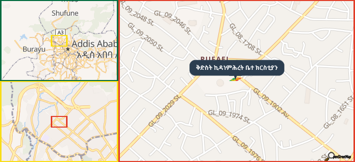 Map showing the address of ቅድስት ኪዳነምሕረት ቤተ ክርስቲያን in three different zoom levels.