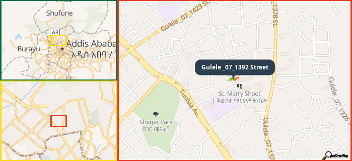 Map showing the address of Gulele _07_1392 Street in three different zoom levels.