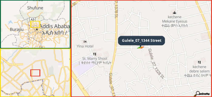 Map showing the address of Gulele_07_1344 Street in three different zoom levels.