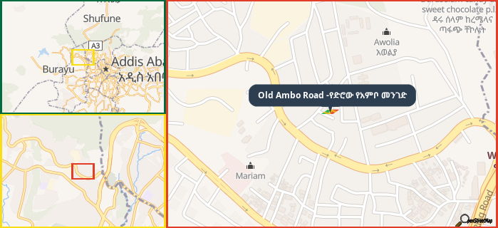 Map showing the address of Old Ambo Road -የድሮው የአምቦ መንገድ in three different zoom levels.