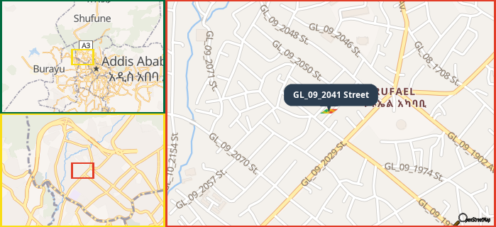 Map showing the address of GL_09_2041 Street in three different zoom levels.