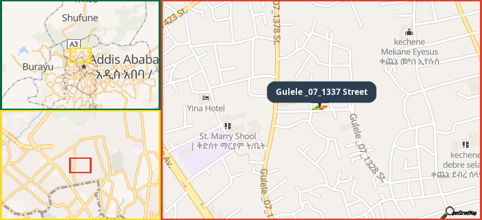 Map showing the address of Gulele _07_1337 Street in three different zoom levels.