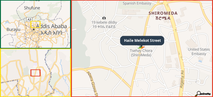 Map showing the address of Haile Melekot Street in three different zoom levels.