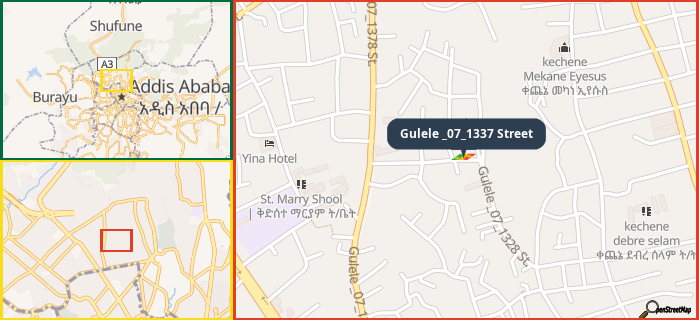 Map showing the address of Gulele _07_1337 Street in three different zoom levels.