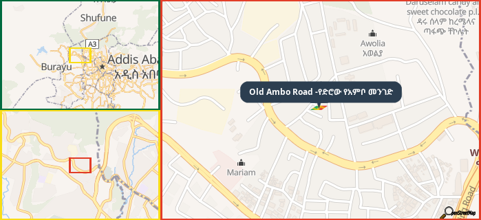 Map showing the address of Old Ambo Road -የድሮው የአምቦ መንገድ in three different zoom levels.