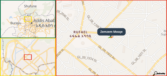 Map showing the address of Zemzem Mosqe in three different zoom levels.