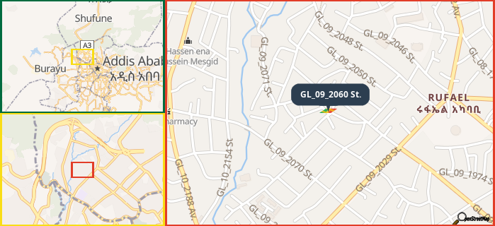 Map showing the address of GL_09_2060 St. in three different zoom levels.
