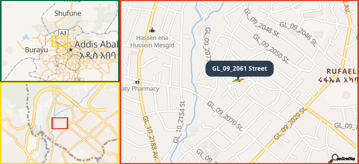 Map showing the address of GL_09_2061 Street in three different zoom levels.