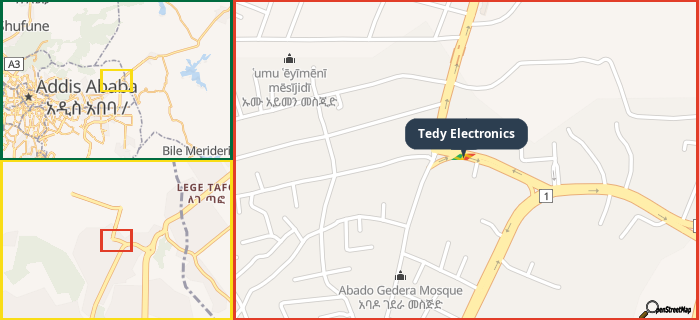 Map showing the address of Tedy Electronics in three different zoom levels.